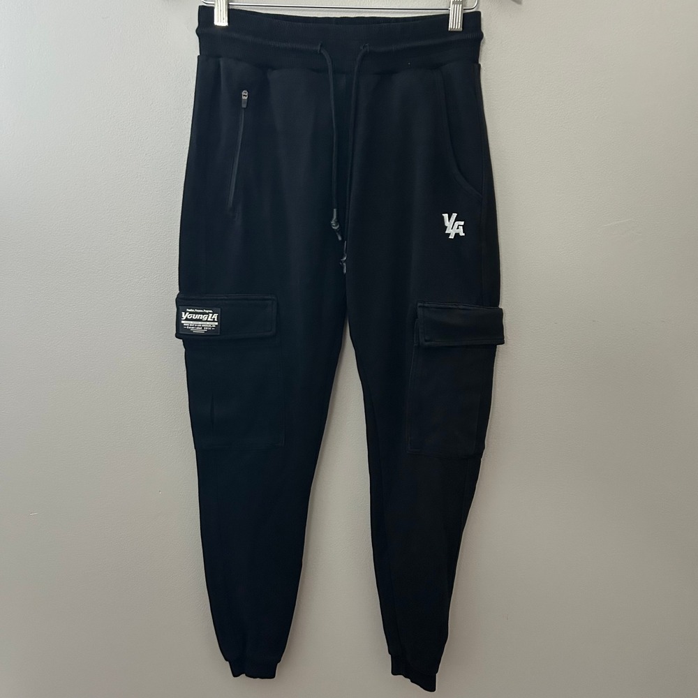YoungLA Joggers Men Medium Black Cargo Pocket Athletic Sweatpants Gym Streetwear